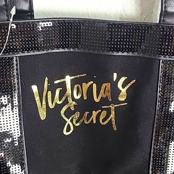 Victoria's Secret Black Tote, Metallic Trim, Logo in Shiny Gold on Front, NWT - Picture 2 of 9
